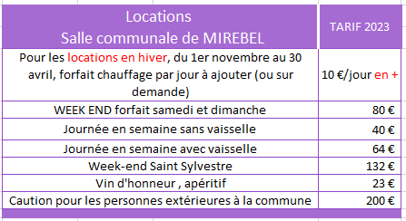 Salle communale MIREBEL tarifs 2023