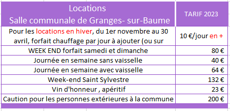 Salle communale de Granges sur baume tarifs 2023