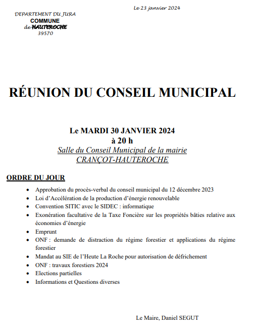 Convocation réunion du conseil municipal du 30 janvier 2024